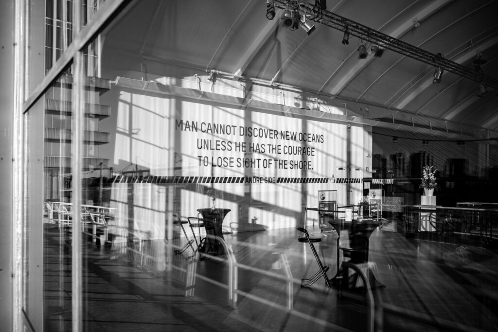 Cruise Terminal Rotterdam industrial interior viewed from Dudok Aan De Maas rooftop terrace, Wilhelminakade.