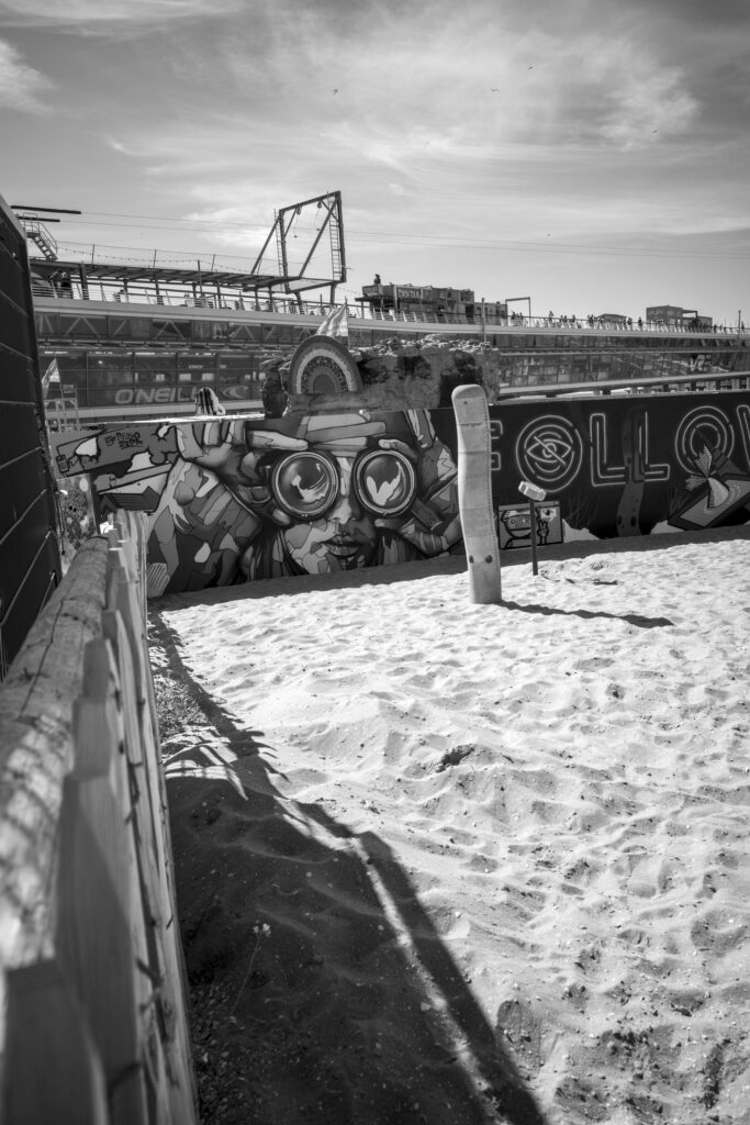 Beach art installation on sand near the pier Scheveningen