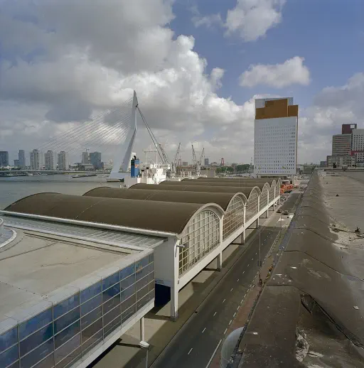 Overzicht van bovenaf met glazen voorgevel, schaaldaken en Erasmusbrug - Rotterdam